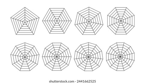 Set of black polar grid. Spider Radar Chart Diagram. pentagon, quadrilateral, hexagon, octagon. Vector illustration.