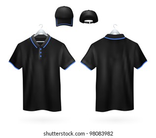 Set of black Polo shirts template and baseball cap for men.
