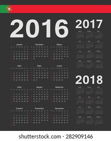 Set of black Portuguese 2016, 2017, 2018 year vector calendars. Week starts from Sunday.