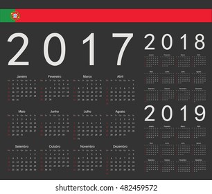 Set of black Portuguese 2017, 2018, 2019 year vector calendars. Week starts from Sunday.