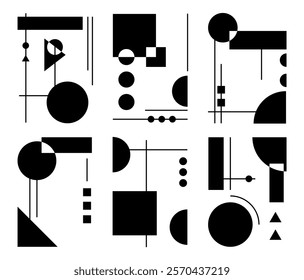 Set of black poster with geometric shape and line set. abstract pattern, design line art, trendy style. Bauhaus illustration with circle, square, triangle. design for cards, invitation	
