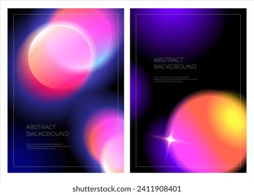 A set of black posters with blurred neon gradients, glowing geometric shapes with a holographic light blur effect. A trendy bright futuristic colorful set of vector elements with a smooth gradient