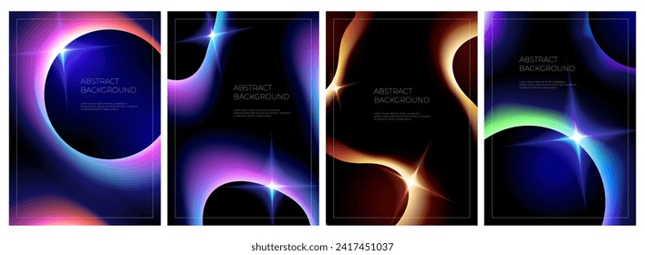 A set of black posters with blurred neon gradients, glowing geometric shapes with a holographic light blur effect. A trendy bright futuristic colorful set of vector elements with a smooth gradient
