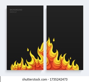Satz schwarzer Poster mit Feuer. Layered Design im Papierstil. Ort für Text. Vektor-Abbildung