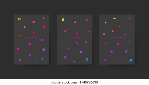 Set of black posters in Memphis style. Template for flyer, cover of brochure or booklets. Trendy banners, abstract prints with geometric shapes