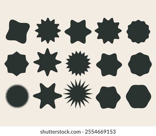 Set of black price Circle sticker, sale or discount sticker, sunburst badges icon. Stars shape with different number of rays. Special offer price tag. Black starburst promotional badge set, shopping l