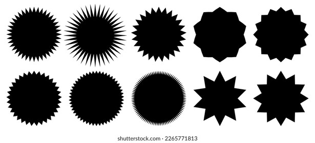 Set of black price sticker, sale or discount sticker, sunburst badges icon. Stars shape with different number of rays. Special offer price tag. Red starburst promotional badge set, shopping labels
