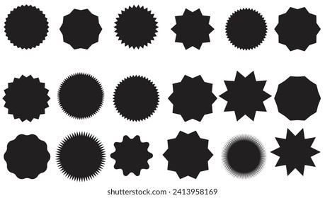 Set of black price sticker, sale or discount sticker, sunburst badges icon. Stars shape with different number of rays. Special offer price tag. Red starburst promotional badge set, shopping labels