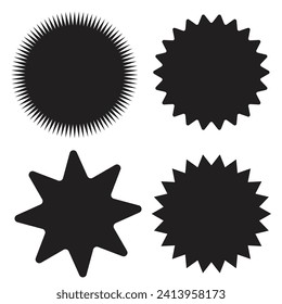 Set of black price sticker, sale or discount sticker, sunburst badges icon. Stars shape with different number of rays. Special offer price tag. Red starburst promotional badge set, shopping labels