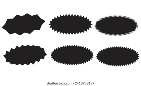 Set of black price sticker, sale or discount sticker, sunburst badges icon. Stars shape with different number of rays. Special offer price tag. Red starburst promotional badge set, shopping labels