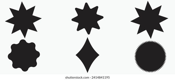 Set of black price sticker, sale or discount sticker, sunburst badges icon. Stars shape with different number of rays. Special offer price tag. Red starburst promotional badge set, shopping labels
