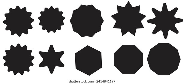 Set of black price sticker, sale or discount sticker, sunburst badges icon. Stars shape with different number of rays. Special offer price tag. Red starburst promotional badge set, shopping labels