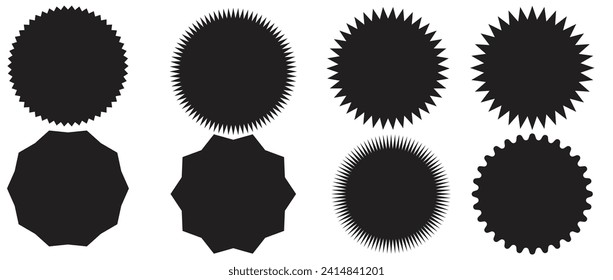 Set of black price sticker, sale or discount sticker, sunburst badges icon. Stars shape with different number of rays. Special offer price tag. Red starburst promotional badge set, shopping labels