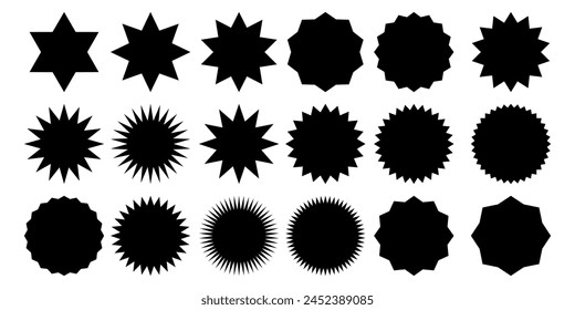 Set of black price sticker, sale or discount sticker, sunburst badges icon. Stars shape with different number of rays. Special offer price tag. Red starburst promotional badge set, shopping labels