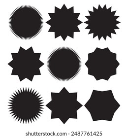 Set of black price sticker, sale or discount sticker, sunburst badges icon. Star shape with different number of rays. Special offer price tag. Starbrust collection. Isolated on white background. 11:11