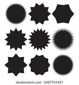 Set of black price sticker, sale or discount sticker, sunburst badges icon. Star shape with different number of rays. Special offer price tag. Starbrust collection. Isolated on white background. 11:11