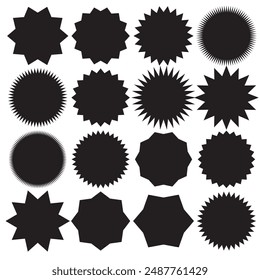 Set of black price sticker, sale or discount sticker, sunburst badges icon. Star shape with different number of rays. Special offer price tag. Starbrust collection. Isolated on white background. 11:11