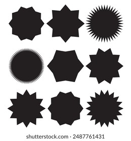 Set of black price sticker, sale or discount sticker, sunburst badges icon. Star shape with different number of rays. Special offer price tag. Starbrust collection. Isolated on white background. 11:11