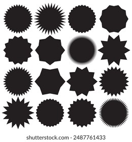 Set of black price sticker, sale or discount sticker, sunburst badges icon. Star shape with different number of rays. Special offer price tag. Starbrust collection. Isolated on white background. 11:11