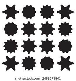 Set of black price sticker, sale or discount sticker, starburst badges icon. Stars shape with different number of rays. Special offer price tag. Black starburst promotional badge set, shopping labels.