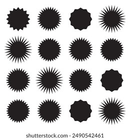 Set of black price sticker, sale or discount sticker, sunburst badges icon. Stars shape with different number of rays. Black starburst promotional badge set, shopping labels.