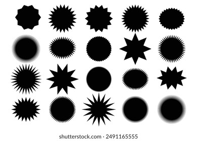 Set of black price sticker, sale or discount sticker, sunburst badges icon. Stars shape with different number of rays. Special offer price tag. Red starburst promotional badge set, shopping labels
