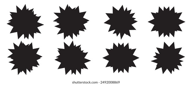 Set of black price sticker, sale or discount sticker, sunburst badges icon. Stars shape with different number of rays. Special offer price tag. Red starburst promotional badge set, shopping labels