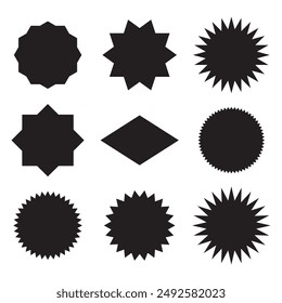 Set of black price sticker, sale or discount sticker, sunburst badges icon. Stars shape with different number of rays.