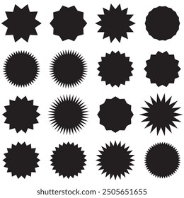 Set of black price sticker, sale or discount sticker, sunburst badges icon. Stars shape with different number of rays. Special offer price tag. Black starburst promotional badge set, shopping labels.