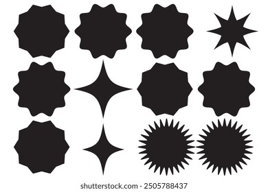 Set of black price sticker, sale or discount sticker, sunburst badges icon. Star shape with different number of rays. Special offer price tag. Starbrust collection. Isolated on white background