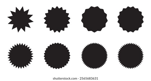 Set of black price sticker, sale or discount sticker, sunburst badges icon. Stars shape with different number of rays. black starburst, shopping labels,  Blank sale stickers.