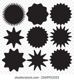 Set of black price sticker, sale or discount sticker, sunburst badges icon. Stars shape with different number of rays. Special offer price tag. Red starburst promotional badge set, shopping labels.