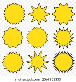 Set of black price sticker, sale or discount sticker, sunburst badges icon. Stars shape with different number of rays. Special offer price tag. Red starburst promotional badge set, shopping labels.