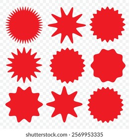 Set of black price sticker, sale or discount sticker, sunburst badges icon. Stars shape with different number of rays. Special offer price tag. Red starburst promotional badge set, shopping labels.