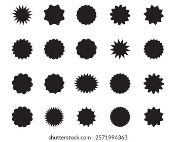 Set of black price sticker, sale or discount sticker, Star burst shape tags for price. Blank sale stickers. Simple silhouette. Flat vintage labels  badges with zigzag edge.