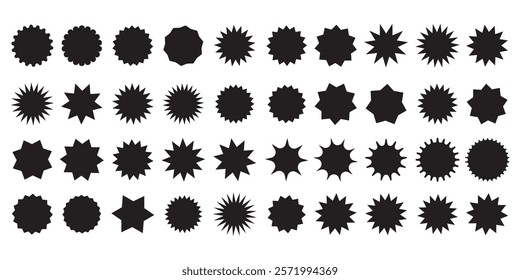 Set of black price sticker, sale or discount sticker, Star burst shape tags for price. Blank sale stickers. Simple silhouette. Flat vintage labels  badges with zigzag edge.