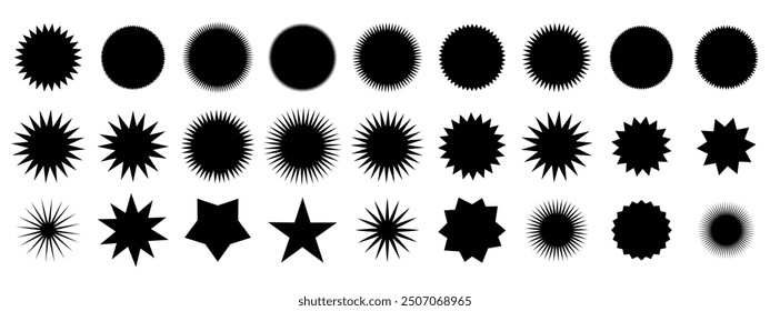Set of black price sticker, sunburst badges icon. Stars shape with different number of rays. sale or discount sticker, Special offer price tag.