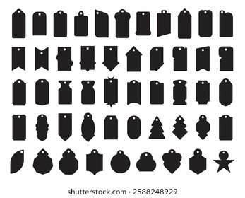 Set of black price tag silhouette vector illustration.  Various geomatric  label forms as circle, rectangle, square, oval, triangle, heart, hexagonal and
custom shapes.