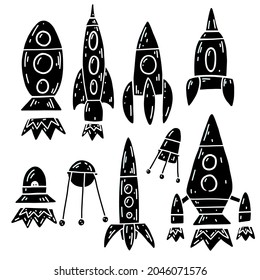 Set of black print with contour space ships and ufo. Outline technological ships. Vector childish silhouette of space shuttles and satellites isolated on background