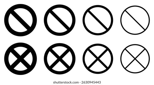 Set of black prohibition and cancel symbols in circle shapes. Includes diagonal and cross lines. Vector illustration for warning, restriction, or error icons. Isolated on white background.