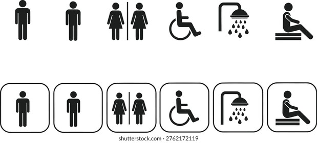 A set of black public facility vector icons including male, female, disabled, shower, and sauna symbols, presented with and without rounded square borders for versatile design use.
