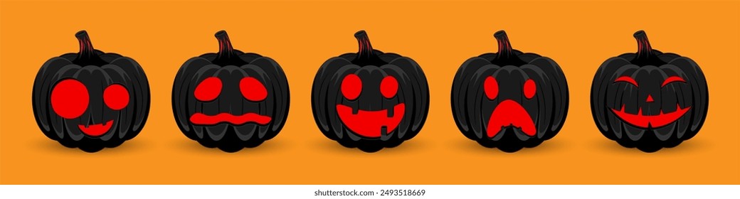 Set black pumpkin on orange background. The main symbol of the Happy Halloween holiday. Black pumpkin with smile for your design for the holiday Halloween. Vector illustration.