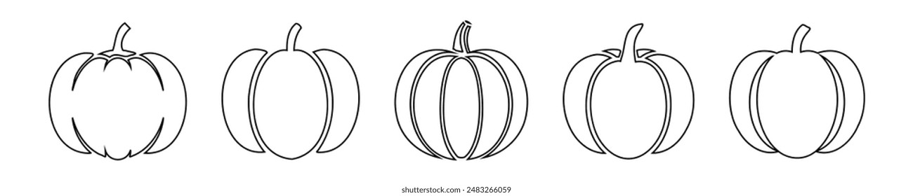 Conjunto de contornos de calabaza negra aislado sobre fondo blanco. Icono, logo, signo, pictograma. Concepto de decoración minimalista de Halloween, Diseño gráfico de temporada, agricultura, cosecha. Elementos de diseño