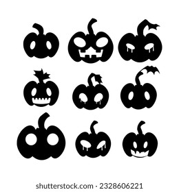 Set of black pumpkin silhouette with creepy smile. Traditional decoration symbol of Halloween celebration. Scary vector illustration isolated on white background. Jack o lantern pumpkin face.