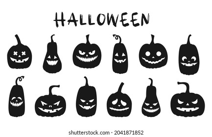 A set of black pumpkin silhouettes with spooky faces. Halloween pumpkins with different facial expressions. Pumpkin lantern silhouettes set. Vector illustration isolated on a white background