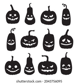 A set of black pumpkin silhouettes with spooky faces. Halloween pumpkins with different facial expressions. Templates for carving Jack o lantern. Vector illustration isolated on a white background