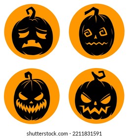 Set of black pumpkin vector illustrations with various facial expressions for Halloween celebration, on orange circle background eps format format