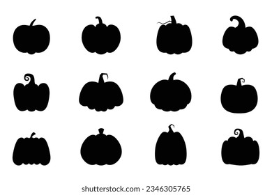 set of black pumpkins isolated on a white background.
