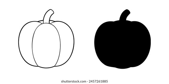 Set of Black pumpkins, silhouette and outline, illustration isolated on white background. Icon, logo, sign, pictogram. Concept of minimalist Halloween decor, seasonal graphic design, farming, harvest.