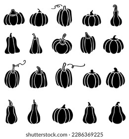 A set of black pumpkins, a stencil, a set made in vector graphics, for a holiday, halloween, decoration and home decor. A set of pumpkins in black fill